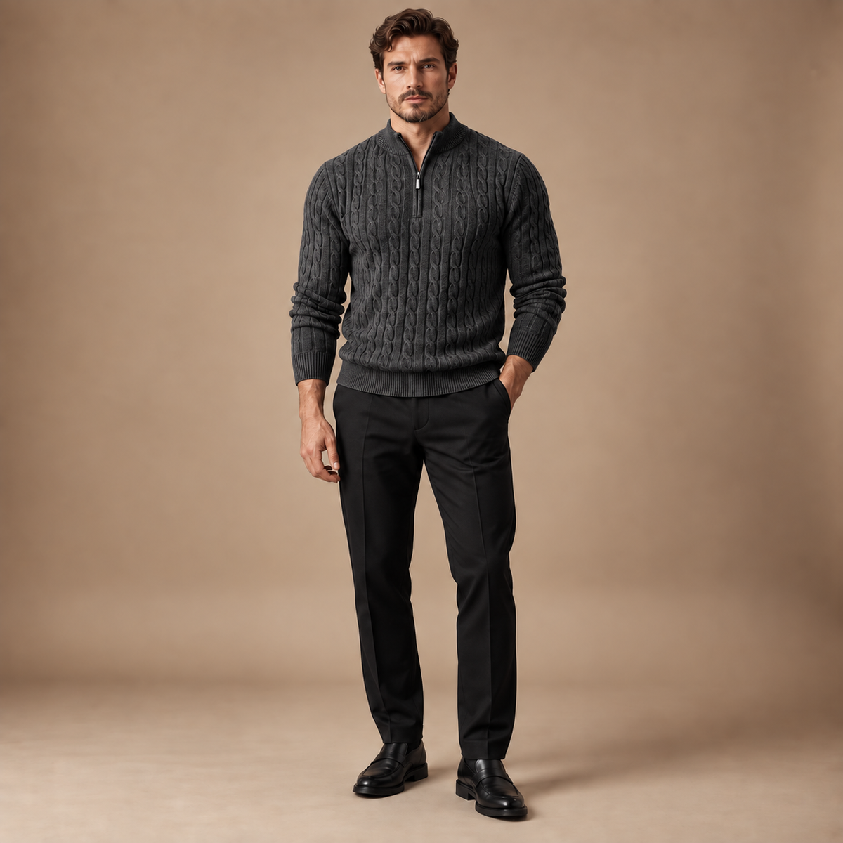 Quarter zip heren donkergrijs kabeltrui volledige outfit studio