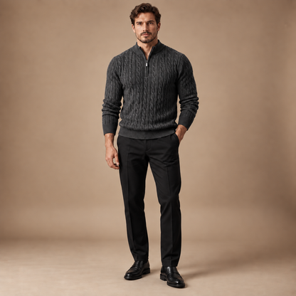 Quarter zip heren donkergrijs kabeltrui volledige outfit studio