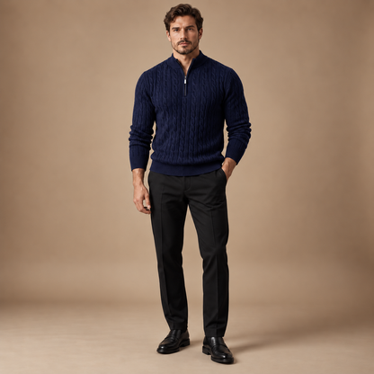 Quarter zip heren marineblauw kabeltrui volledige outfit studio