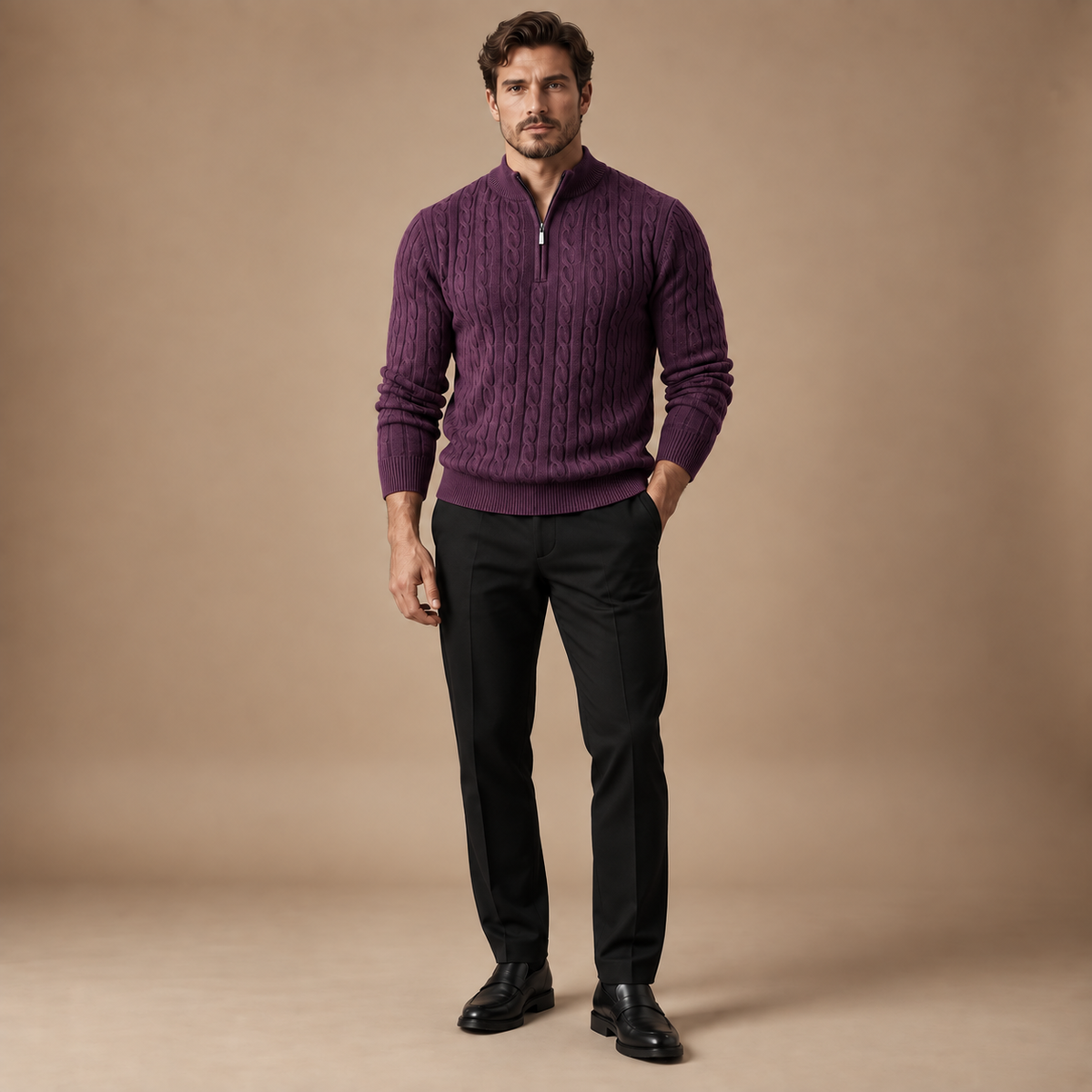 Quarter zip heren donkerpaars kabeltrui volledige outfit studio