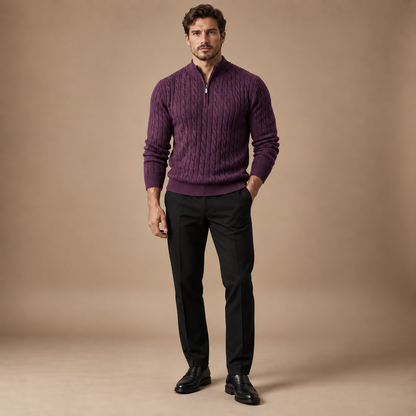 Quarter zip heren donkerpaars kabeltrui volledige outfit studio