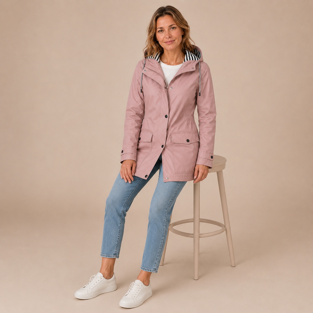 Roze getailleerde regenjas dames tijdens een professionele studioshoot
