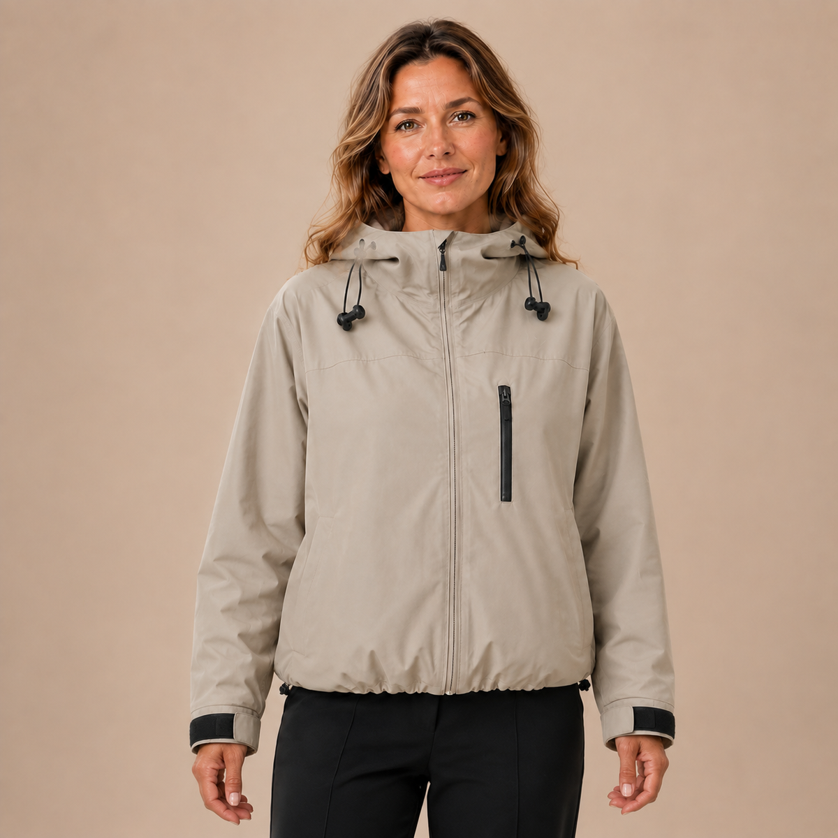 Korte beige damesregenjas met capuchon en zwarte borstrits, vooraanzicht.