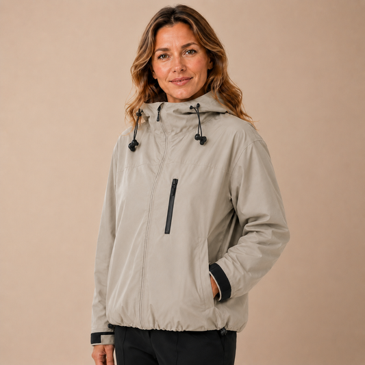 Beige damesregenjas met capuchon en ritssluiting, gedragen met de hand in de zijzak.