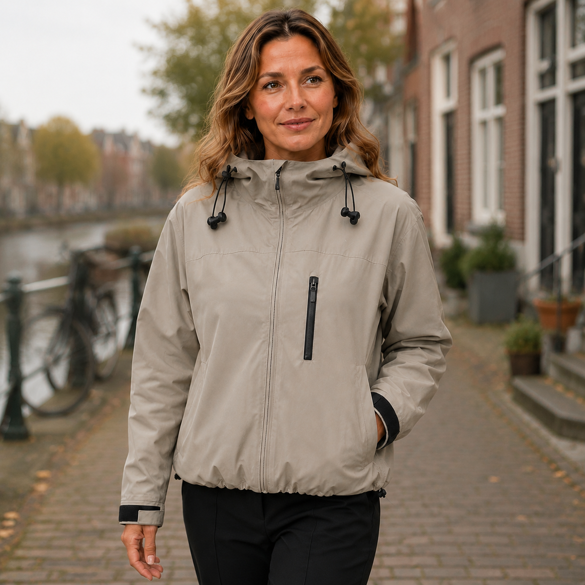 Korte beige damesregenjas gedragen langs een gracht, vooraanzicht.