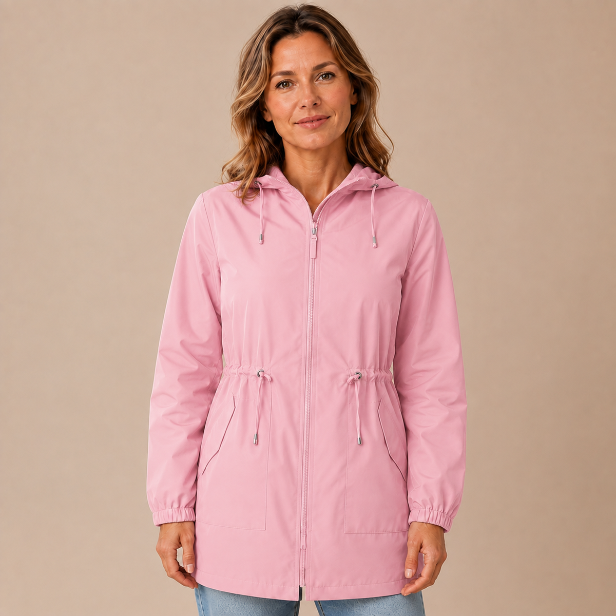 Regenjas dames lang – waterafstotende parka met capuchon en taillekoord in roze – vooraanzicht op beige studioachtergrond