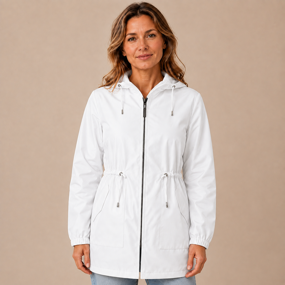 Regenjas dames lang – waterafstotende parka met capuchon en taillekoord in wit – vooraanzicht op beige studioachtergrond