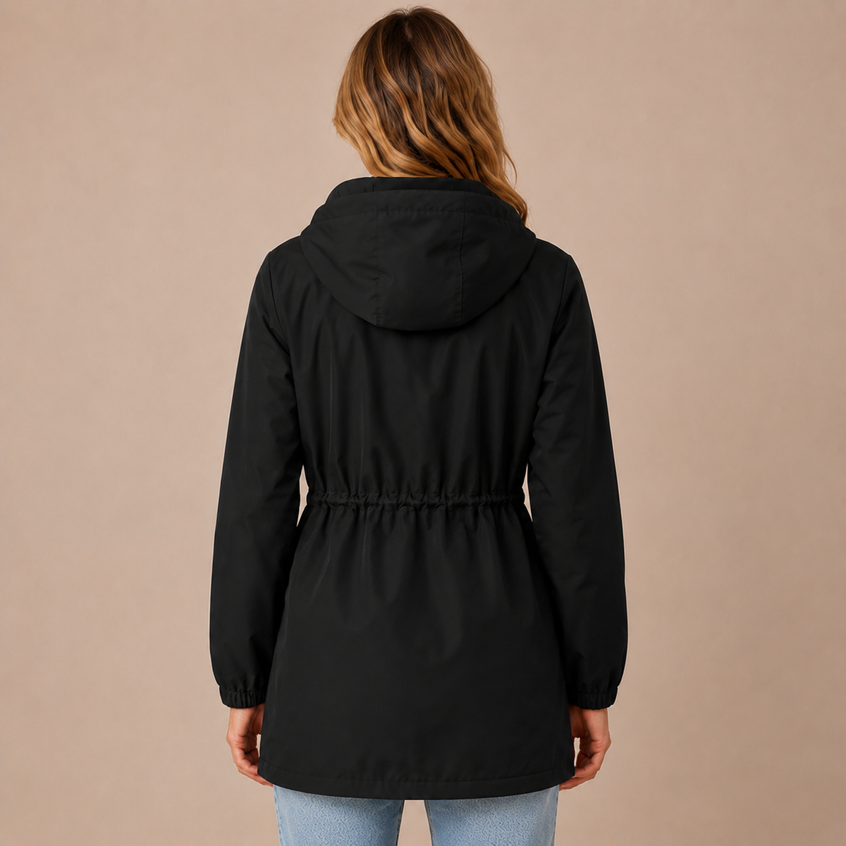 Regenjas dames lang – waterafstotende parka met capuchon en taillekoord in zwart – achteraanzicht op beige studioachtergrond