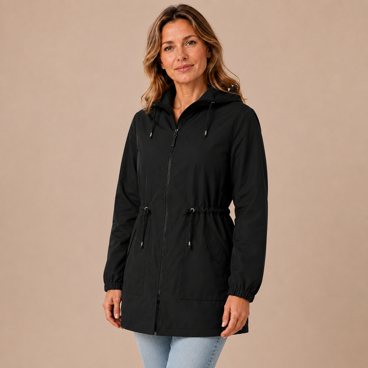Regenjas dames lang – waterafstotende parka met capuchon en taillekoord in zwart – driekwartaanzicht op beige studioachtergrond