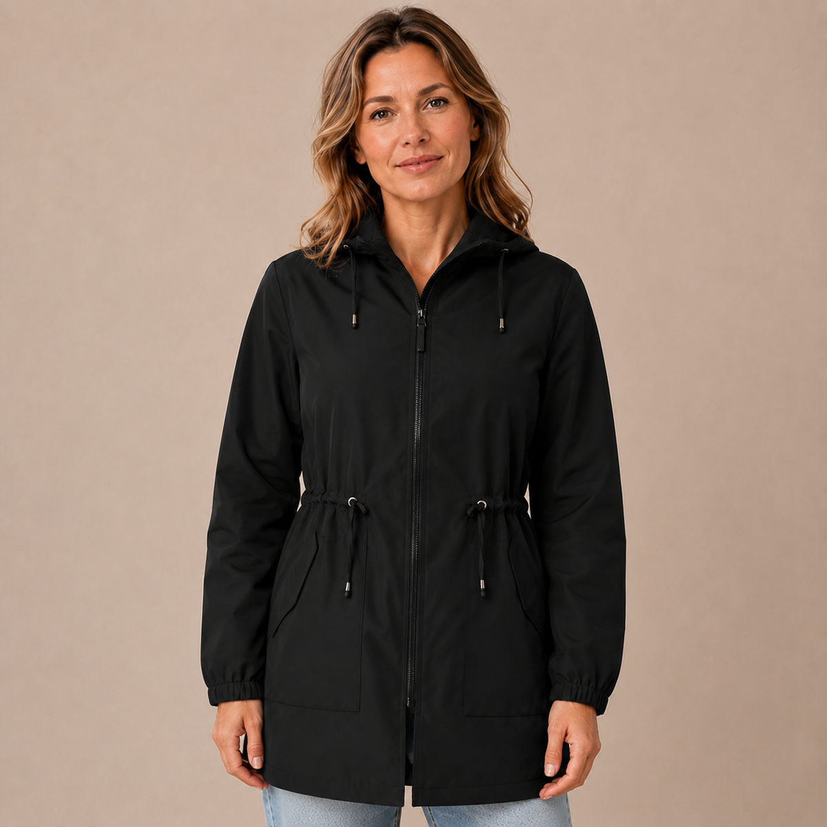 Regenjas dames lang – waterafstotende parka met capuchon en taillekoord in zwart – vooraanzicht op beige studioachtergrond