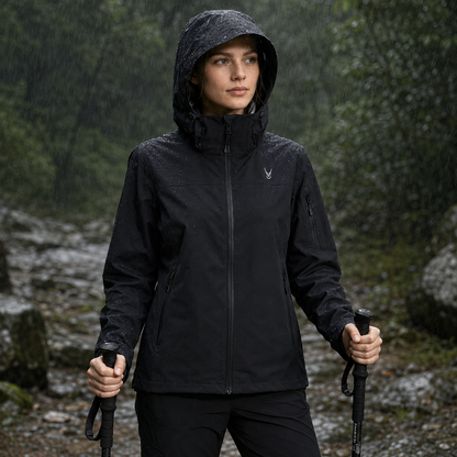 Zwarte damesregenjas met opgezette capuchon, gedragen tijdens een wandeling in de regen.