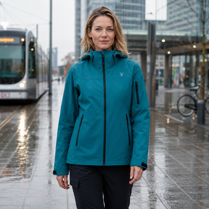 Petrolkleurige damesregenjas met capuchon, gedragen op een regenachtige straat.