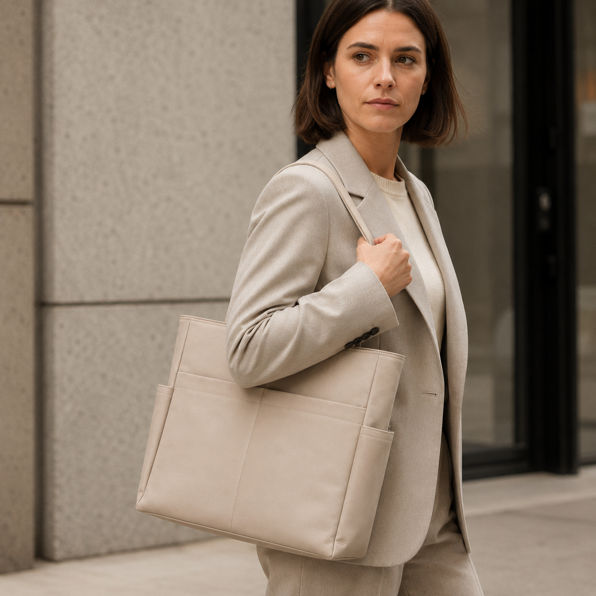 Model draagt een grote beige shopper met schouderbanden en voorvak op straat