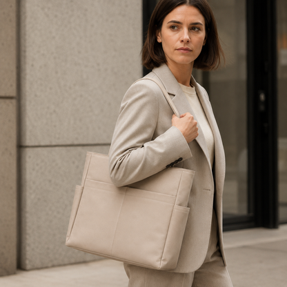 Model draagt een grote beige shopper met schouderbanden en voorvak op straat