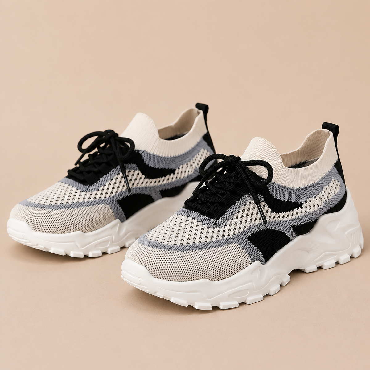 Sneakers Dames Chunky - Lage Mesh Schoenen met Veters en Platform Zool