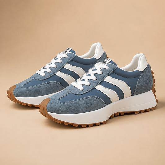 Paar blauwe damesretrosneakers met witte veters, zijstrepen en verhoogde zool
