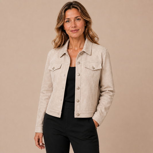 Suède-look truckerjack dames gedragen in een moderne citylook