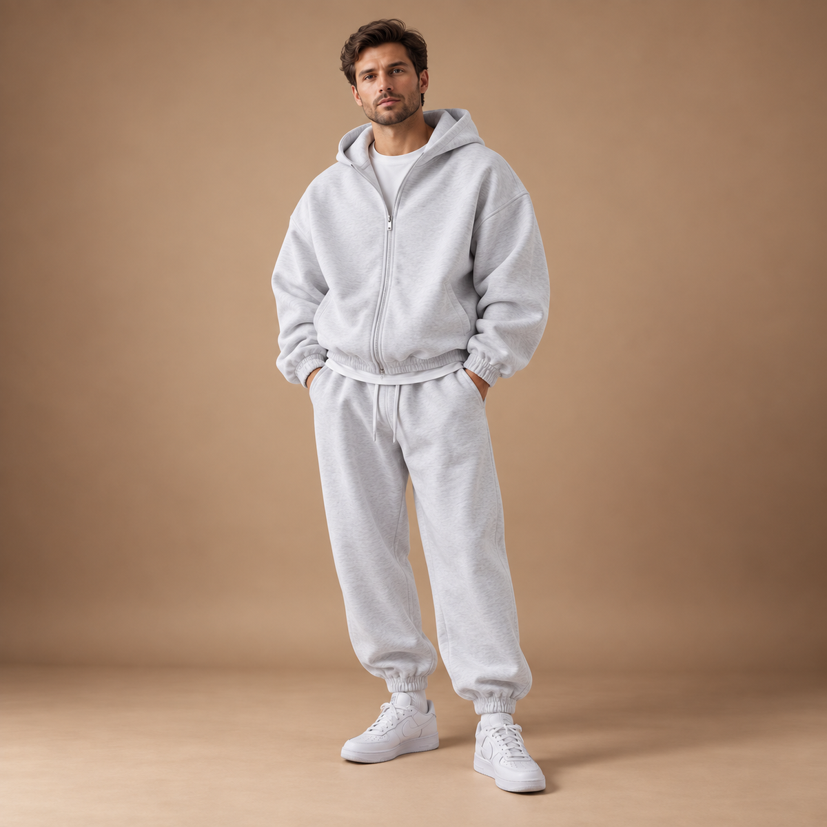 Grijs tweedelig trainingspak voor heren met hoodie en joggingbroek – volledig vooraanzicht