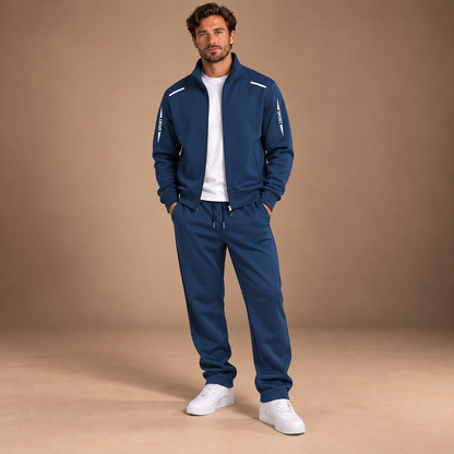 Navy tweedelig heren trainingspak met ritsjack en broek – vooraanzicht