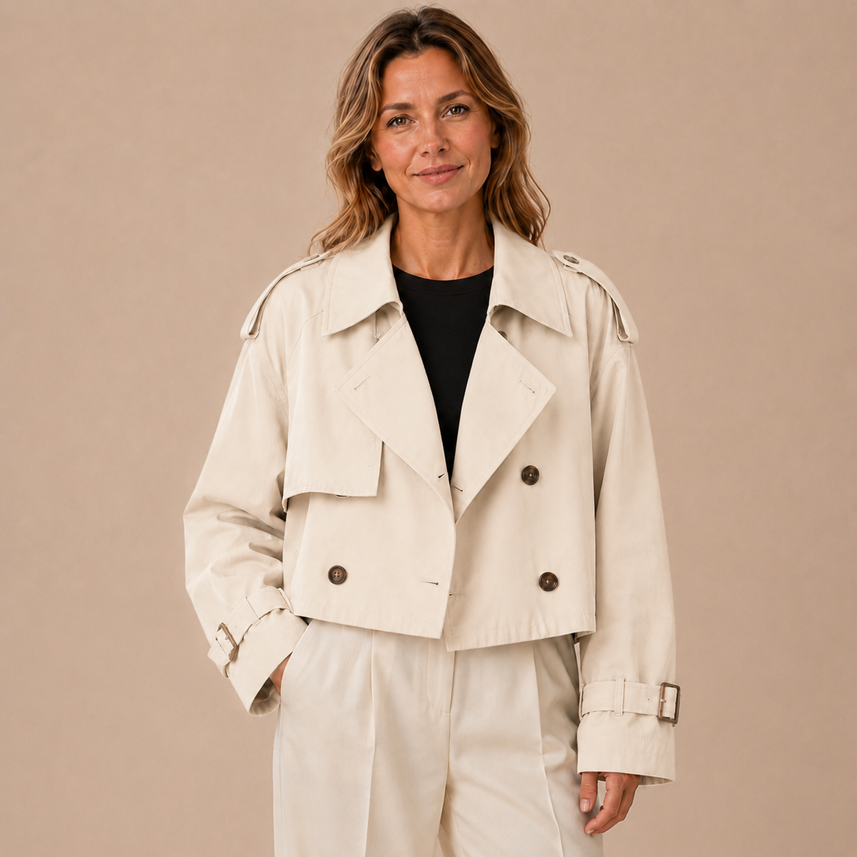 Lichtbeige cropped damestrenchcoat met dubbele knopenrij en brede revers, vooraanzicht