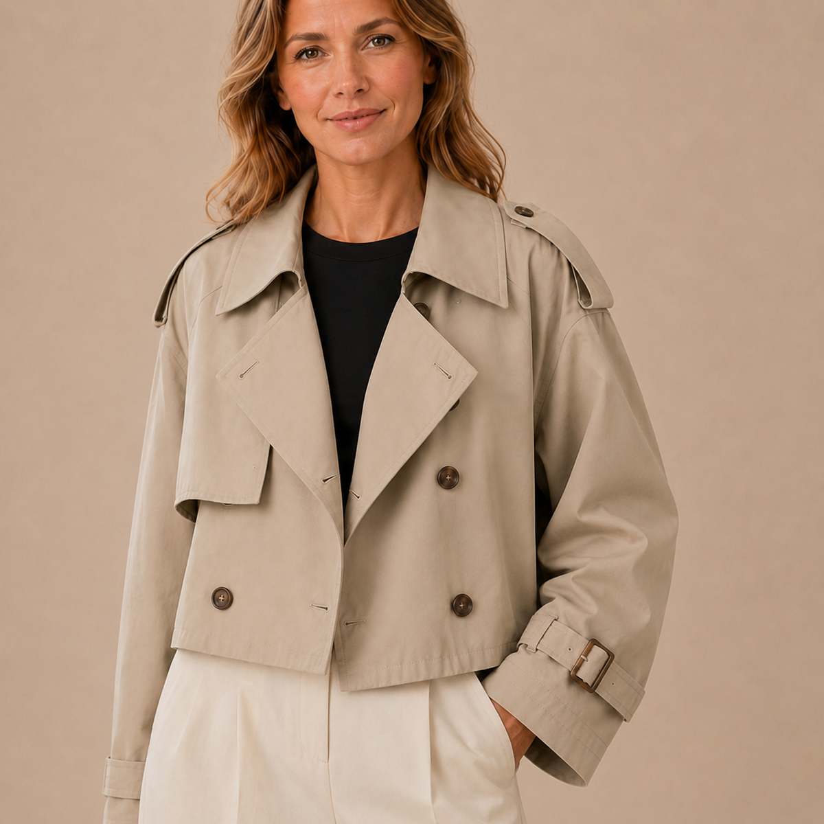 Beige cropped damestrenchcoat met dubbele knopenrij en brede revers, vooraanzicht