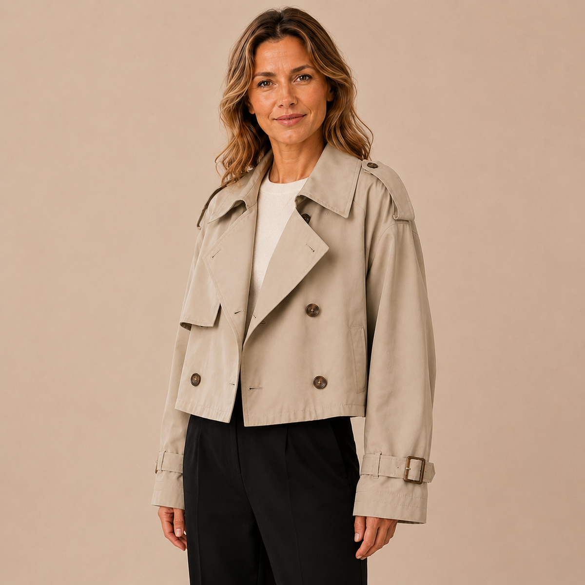 Beige cropped damestrenchcoat met dubbele knopenrij, schuin van voren op een model