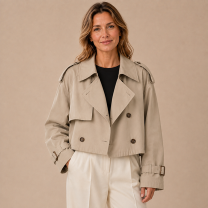 Beige korte trenchcoat met schouderdetails en gespen aan de mouwen, gedragen op een model