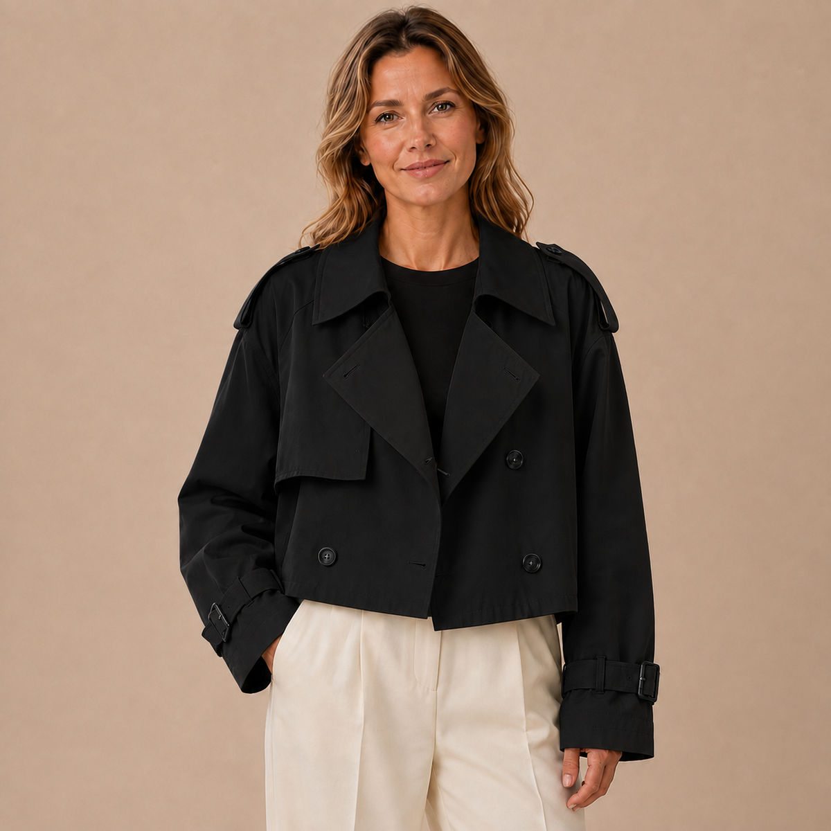 Zwarte cropped damestrenchcoat met brede revers en mouwriemen, vooraanzicht op een model