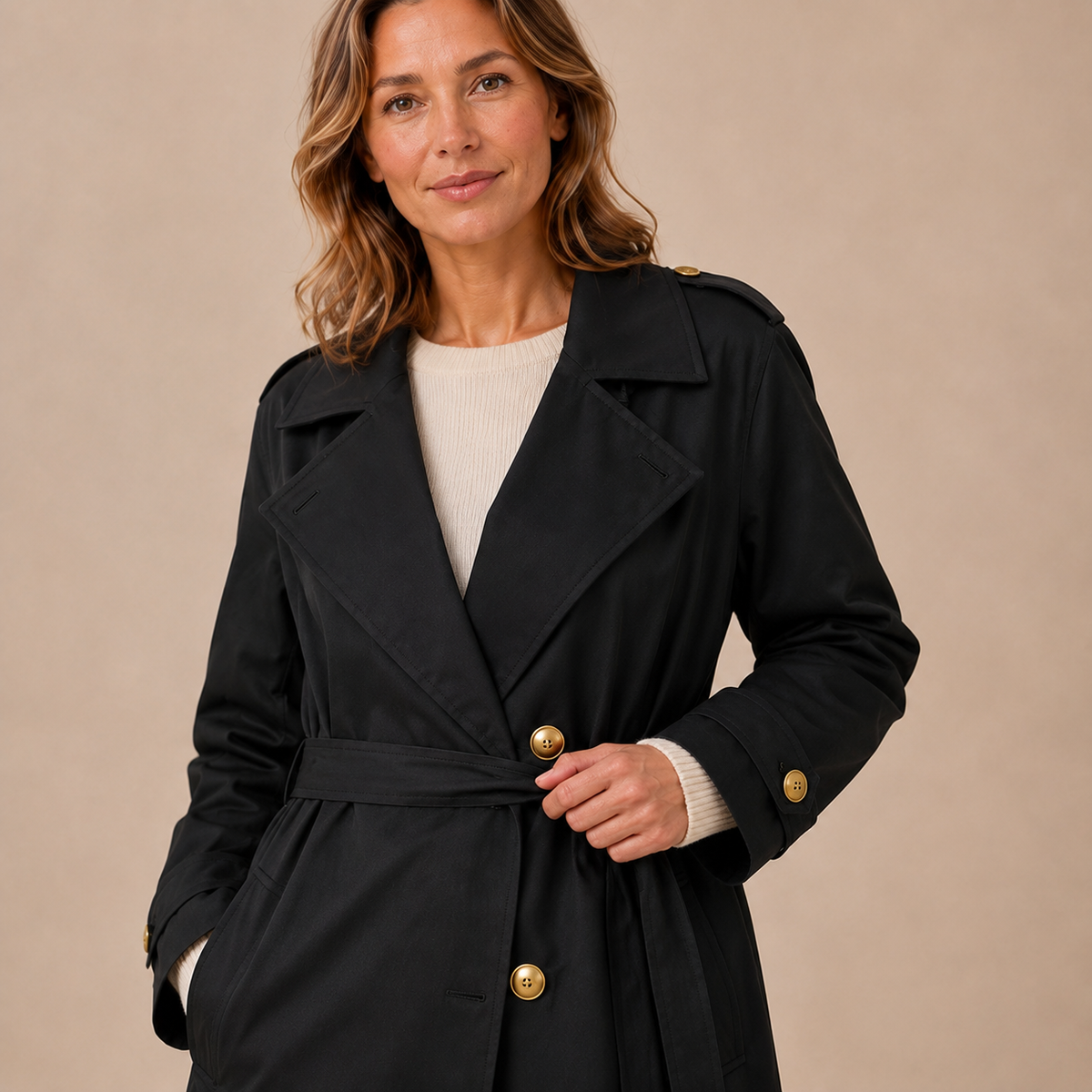 Detail van de revers, ceintuur en goudkleurige knopen van de zwarte lange trenchcoat