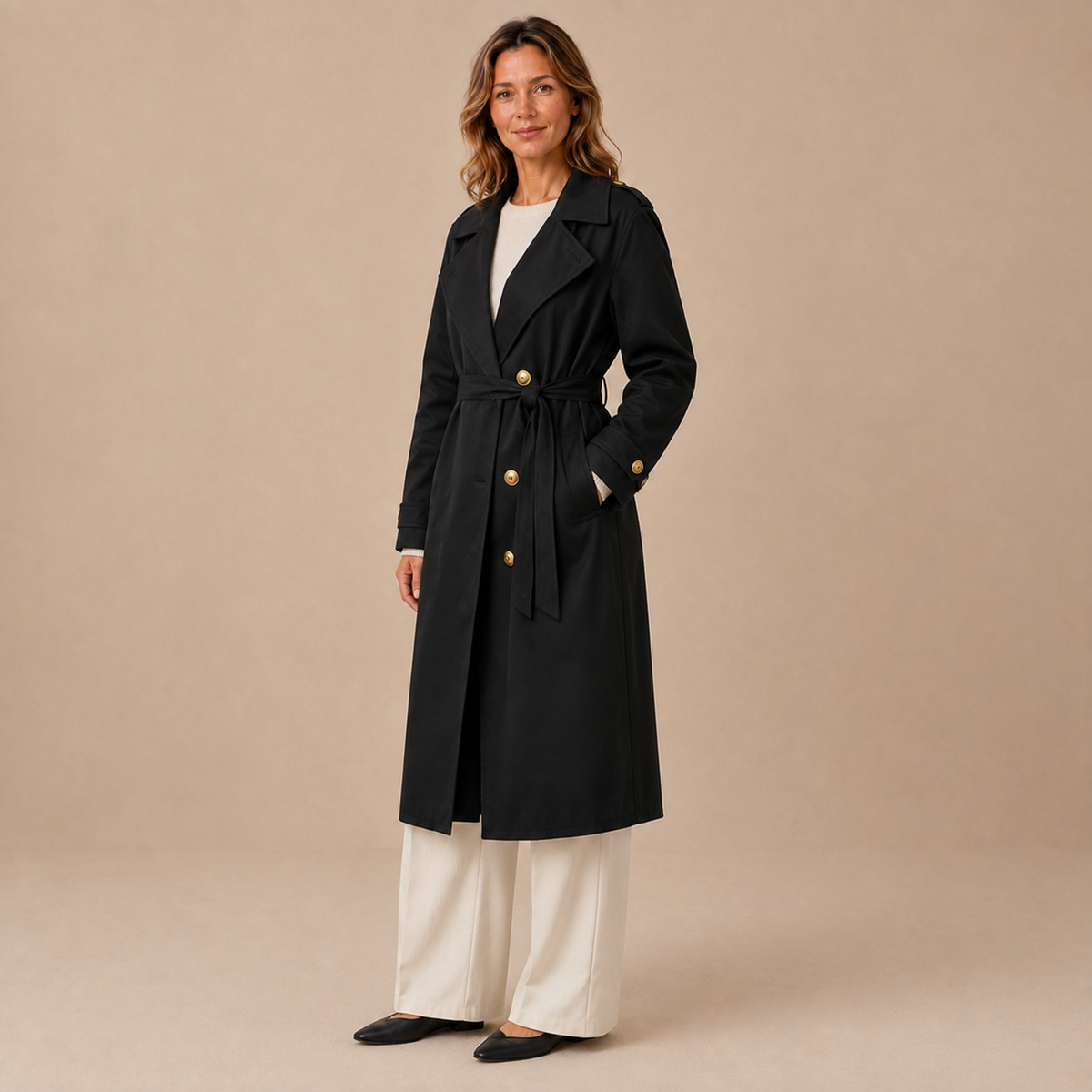 Zwarte lange damestrenchcoat met ceintuur en goudkleurige knopen, vooraanzicht op een model