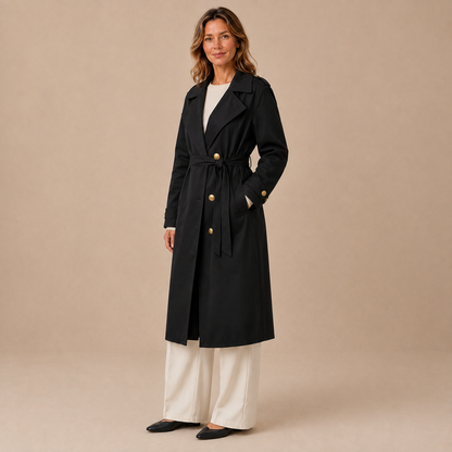 Zwarte lange damestrenchcoat met ceintuur en goudkleurige knopen, vooraanzicht op een model