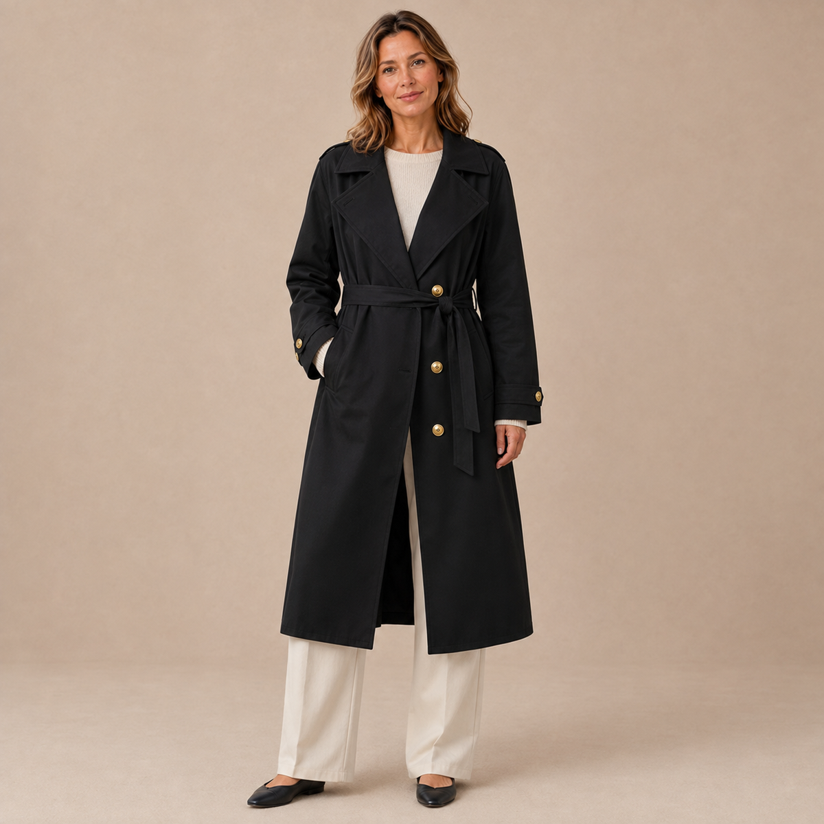 Zwarte lange trenchcoat met brede revers en ceintuur, gedragen over een lichte top
