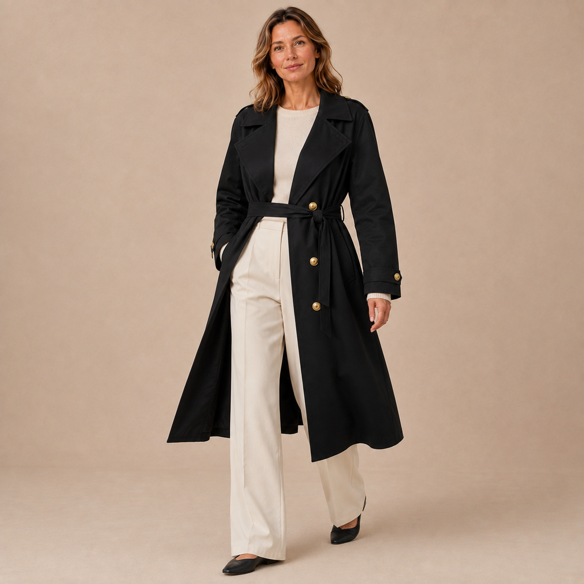 Model loopt in een zwarte lange trenchcoat met ceintuur en lichte broek