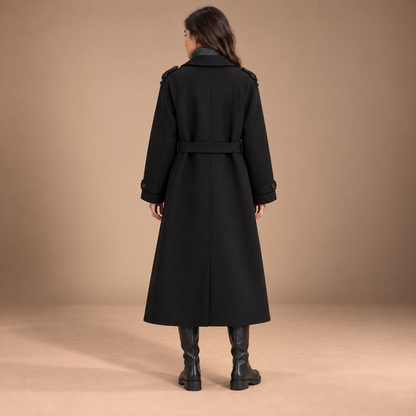 Zwarte lange trenchcoat voor dames met ceintuur – achteraanzicht