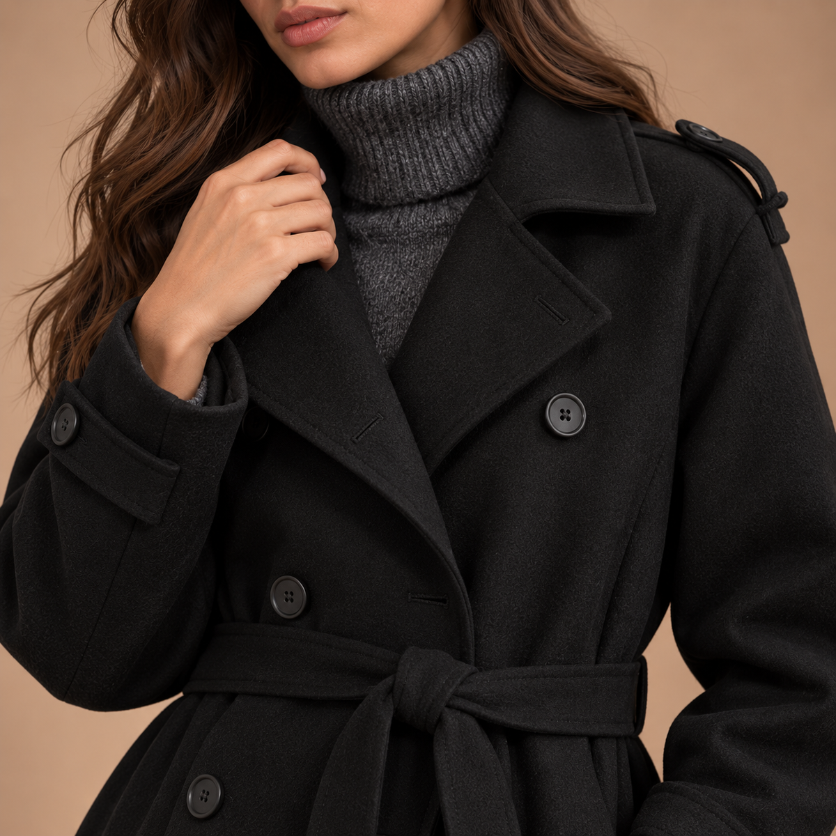 Detail van zwarte dames trenchcoat met reverskraag, knopen en ceintuur