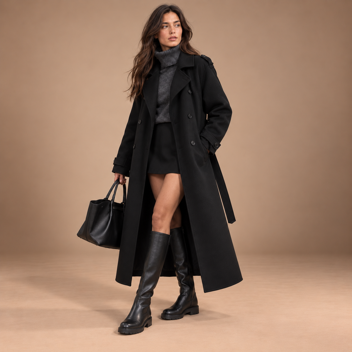 Zwarte lange trenchcoat voor dames – driekwart aanzicht