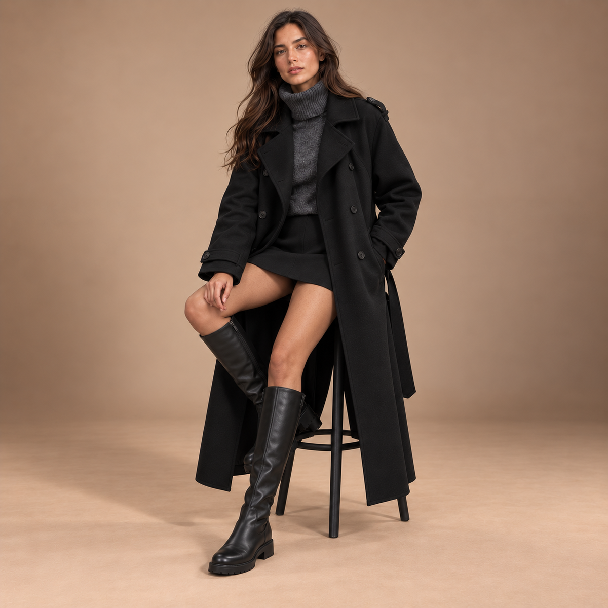 Zwarte lange dames trenchcoat – studio editorial