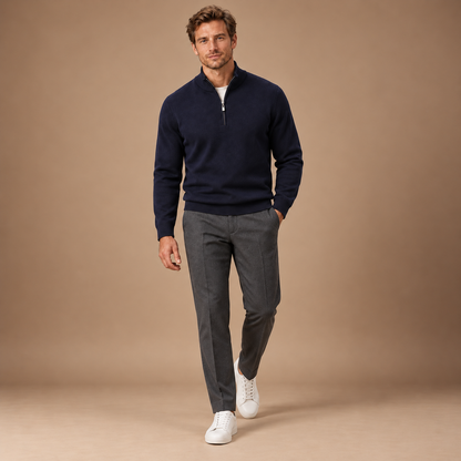 Marineblauwe herenpullover – volledige outfit