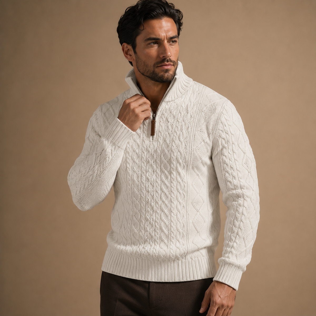 Trui Heren Half Zip – Kabelgebreide Pullover met Hoge Kraag