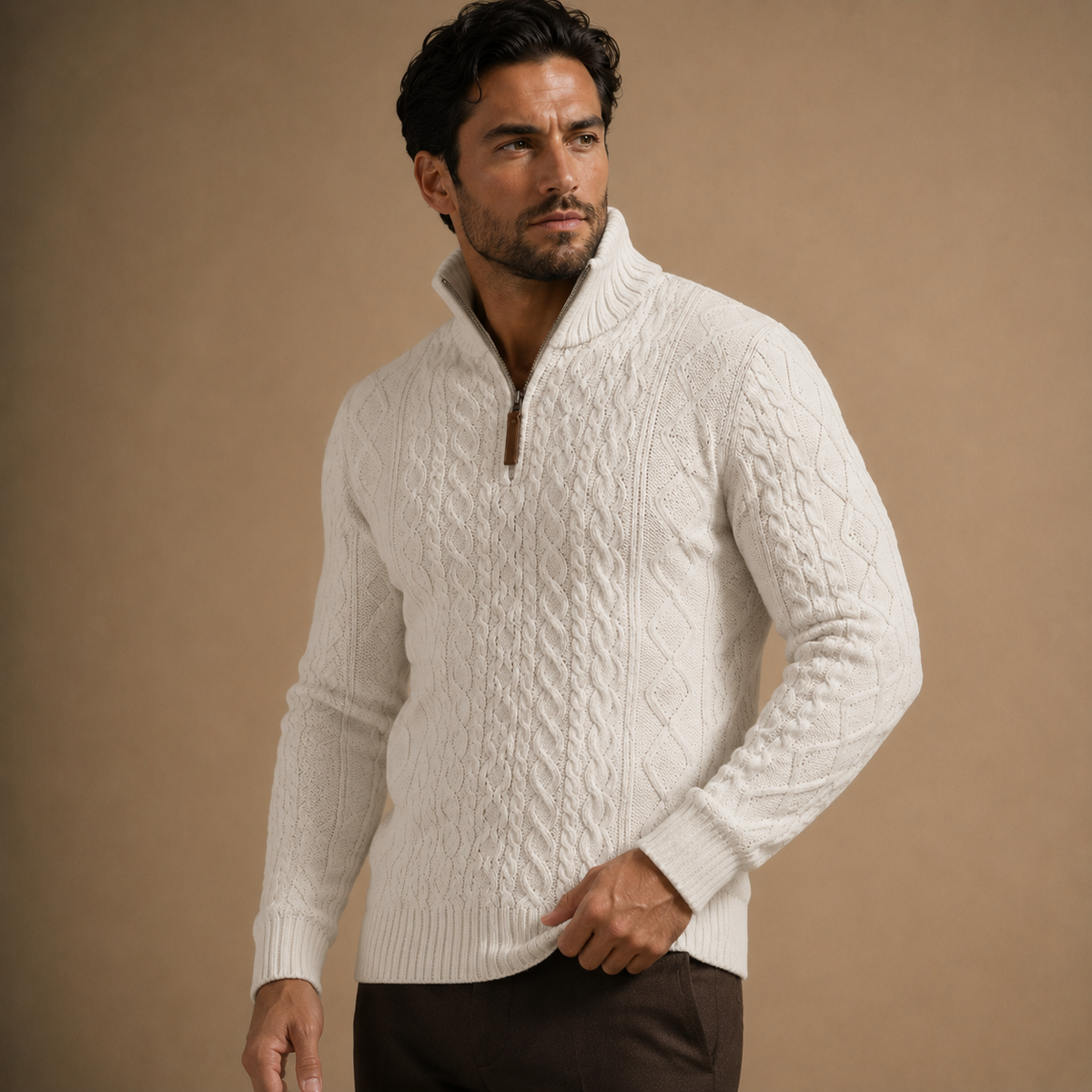 Trui Heren Half Zip – Kabelgebreide Pullover met Hoge Kraag