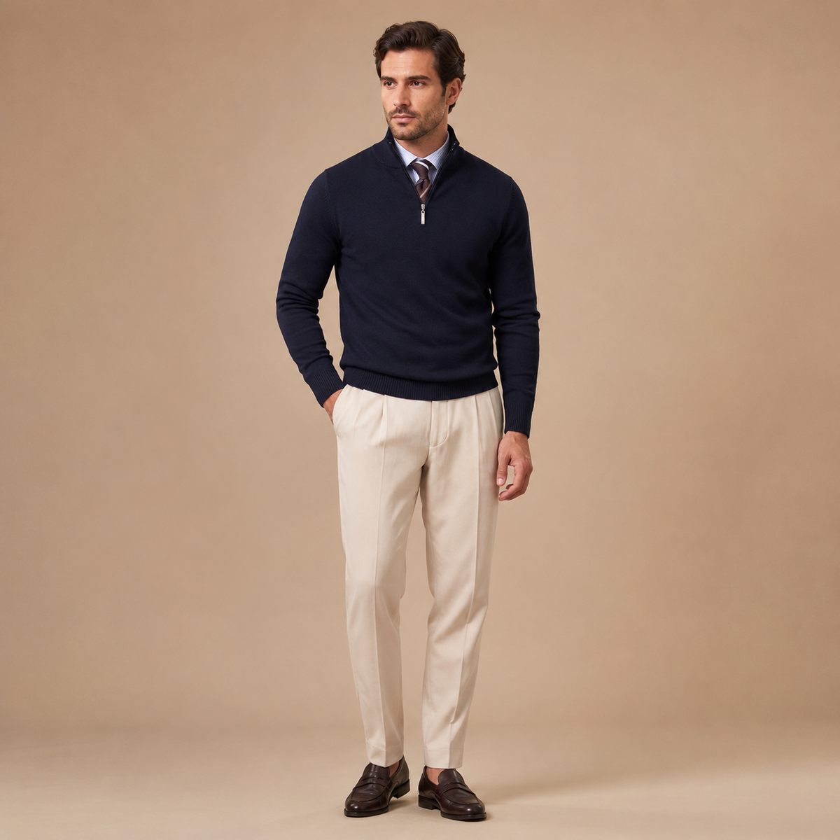 Donkerblauwe herentrui met korte rits en opstaande kraag, gedragen met een beige pantalon.