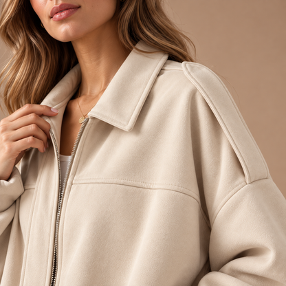 Detail beige tussenjas dames kraag ritssluiting en zachte structuur