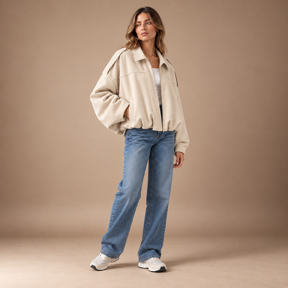 Beige tussenjas dames losvallend met kraag en ritssluiting studio