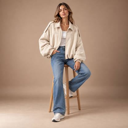 Beige tussenjas dames losvallend zittende studio pose