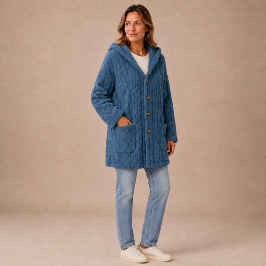 Blauwe damesjas met capuchon en opgestikte zakken, gedragen met een lichte jeans.