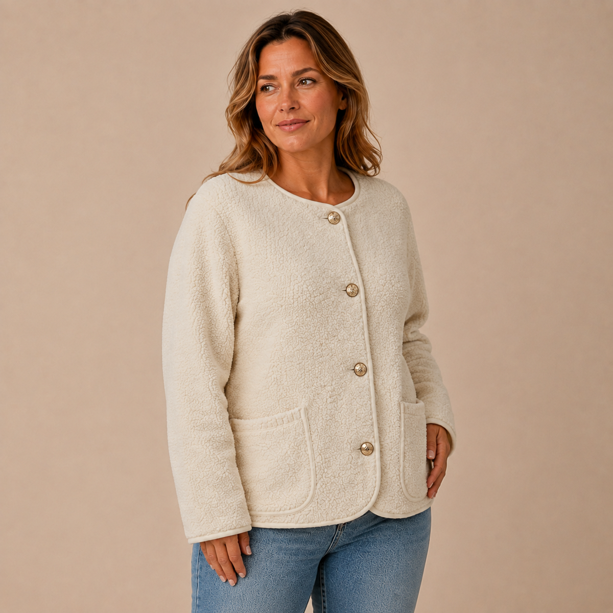Tussenjas Dames Plus Size - Kraagloos Model met Knoopdetails en Zakken