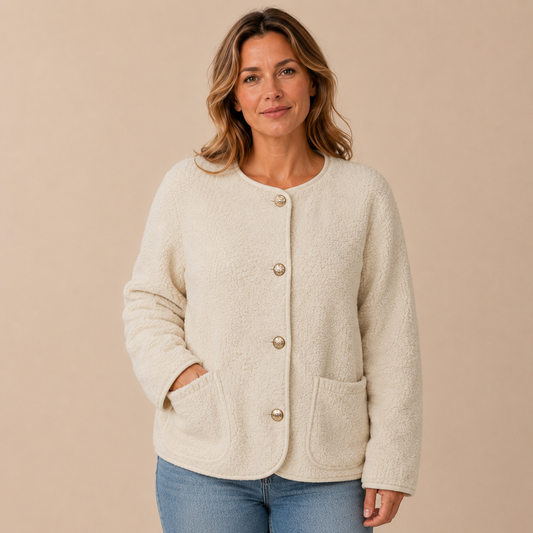Beige plus size tussenjas dames met kraagloos model, knopen en zakken