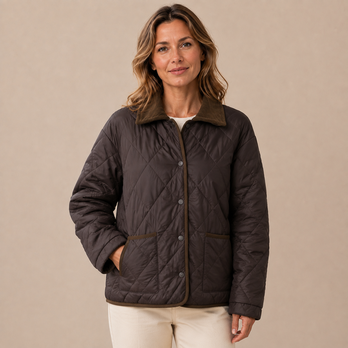 Tussenjas dames gewatteerd – quilted jas met kraag en zakken in bruin – vooraanzicht op beige studioachtergrond