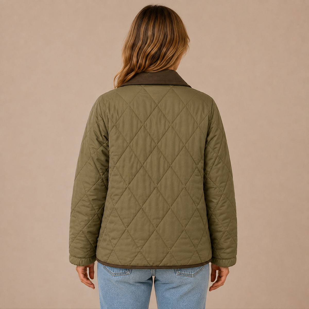 Tussenjas dames gewatteerd – quilted jas met kraag en zakken in donkergroen – achteraanzicht op beige studioachtergrond