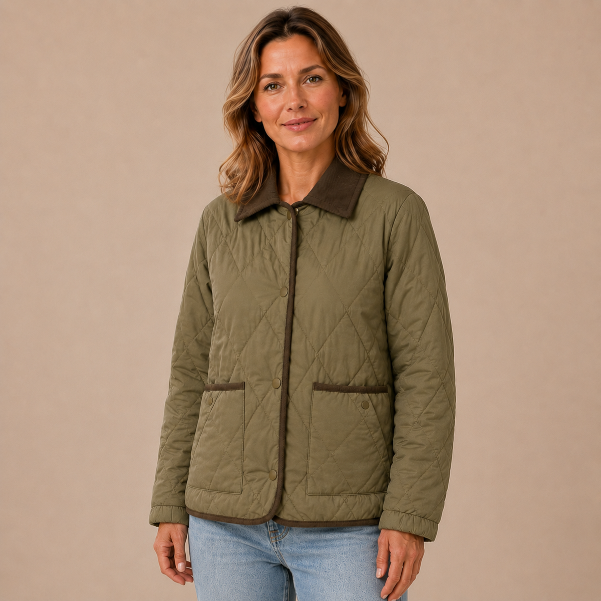 Tussenjas dames gewatteerd – quilted jas met kraag en zakken in donkergroen – driekwartaanzicht op beige studioachtergrond